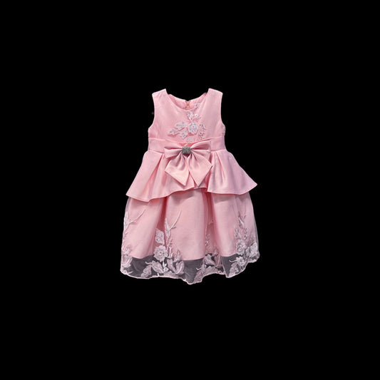 Fancy Kids Pink Embroidered Satin & Tulle Baby Girl Dress w/ Satin Rhinestone Bow