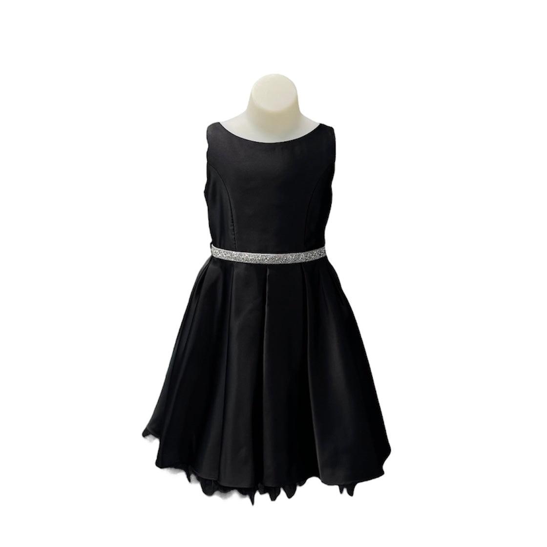 Black Satin Pleated Dress with Peek-a-Boo Crystal Tulle Hem and Rhinestone Waist Trim