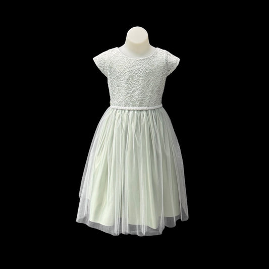 Sequin Lace Sage Tea-length Dress w/ Pearl Waist & Tulle Skirt