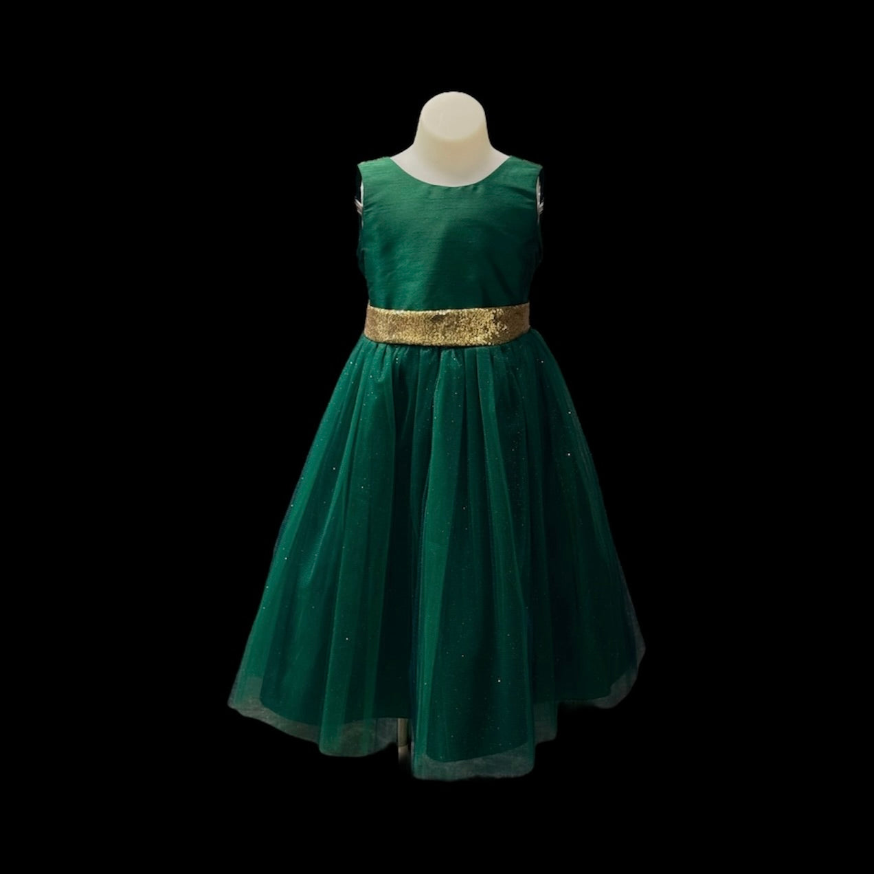 Emerald Green Tulle Party Dress w/ Gold Sequin Bow