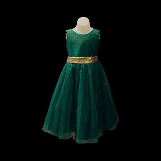 Emerald Green Tulle Party Dress w/ Gold Sequin Bow