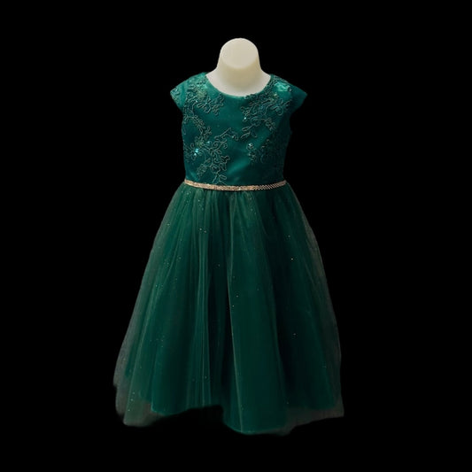 Cap Sleeve Emerald Green Floral Embroidered Tulle Dress w/ Rhinestone Belt