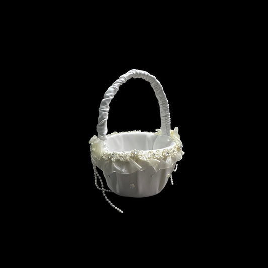 Ivory Flower Girl Basket with Pearls & Rhinestones – Elegant Wedding Flower Basket
