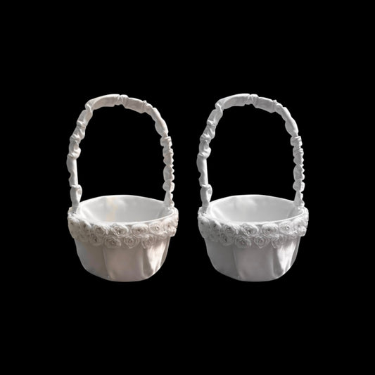 Elegant Flower Girl Basket w/ Two-Tier Rosettes & Rhinestones