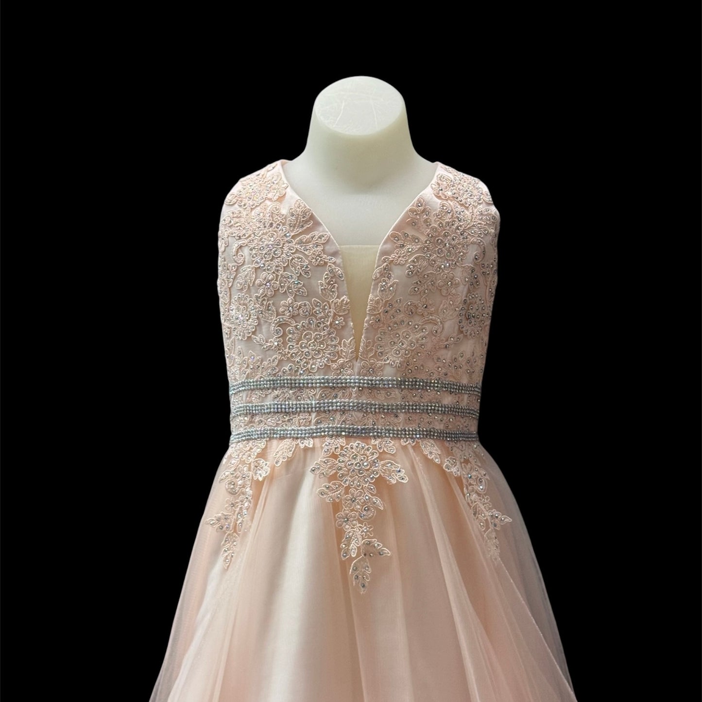 Dusty Pink Embroidered Illusion Bodice Tulle Gown with Triple Rhinestone Waist Detail