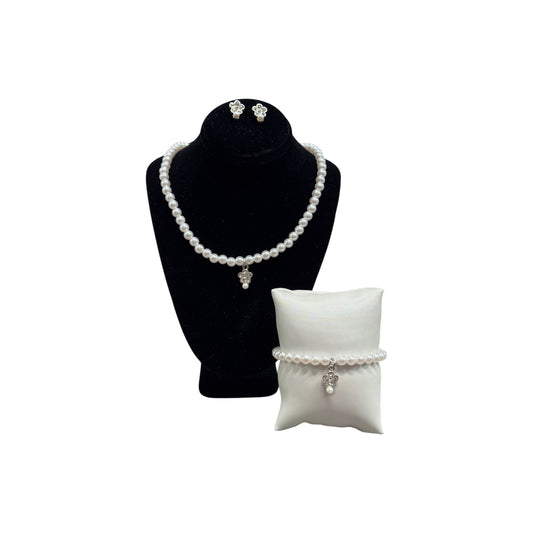 Jolene Pearl Necklace, Earrings and Bracelet Set w/ Rhinestone Flower Pendant