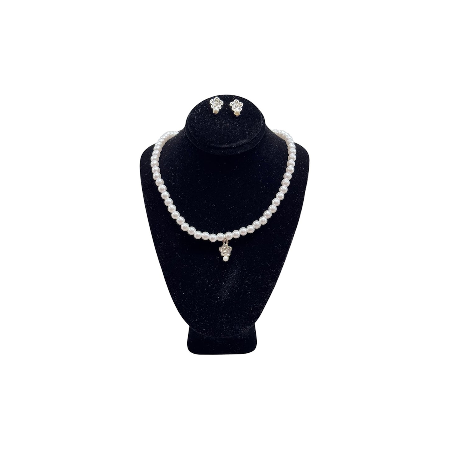 Jolene Pearl Necklace, Earrings and Bracelet Set w/ Rhinestone Flower Pendant