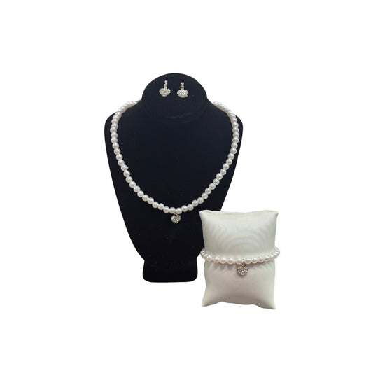 Jolene Pearl Necklace, Earrings and Bracelet Set w/ Rhinestone Heart Pendant