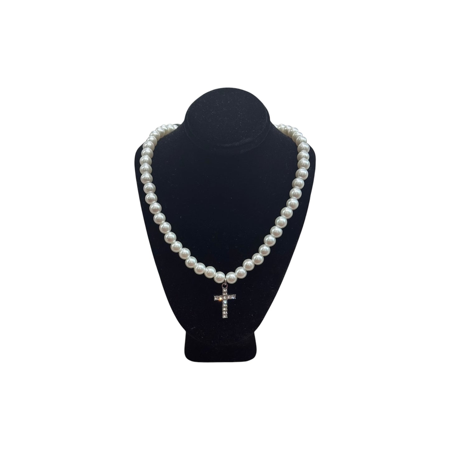 Pearl Necklace w/ Rhinestone Cross Pendant