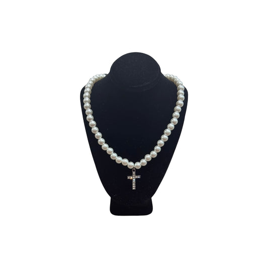 Pearl Necklace w/ Rhinestone Cross Pendant