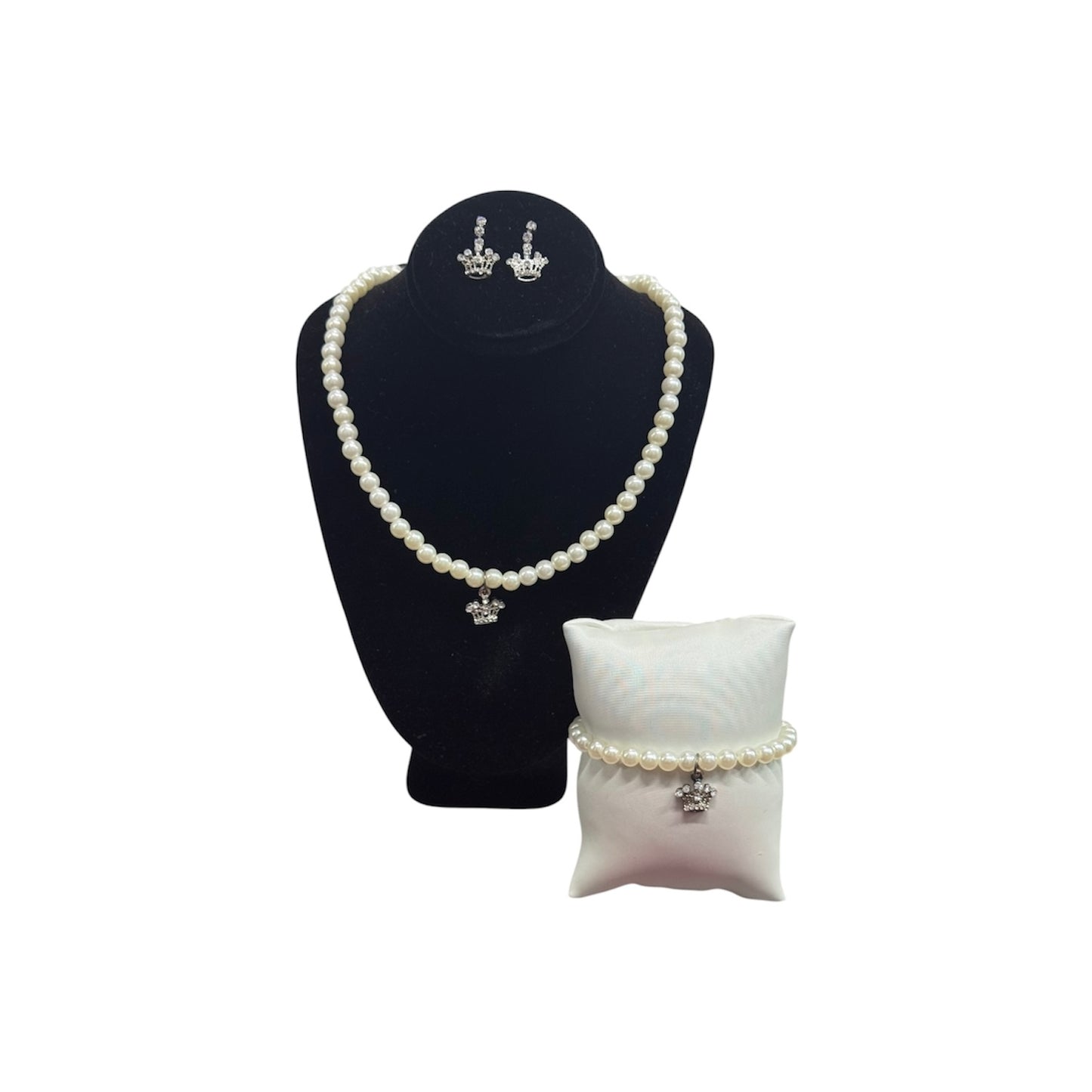 Jolene Pearl Necklace, Earrings and Bracelet Set w/ Rhinestone Crown Pendant