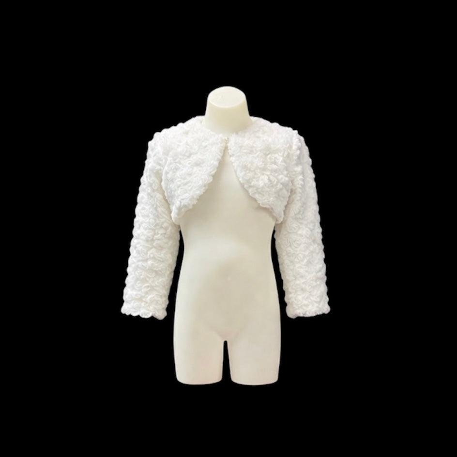 White Faux Fur 3/4 Sleeve Length Bolero w/ Embroidered Roses