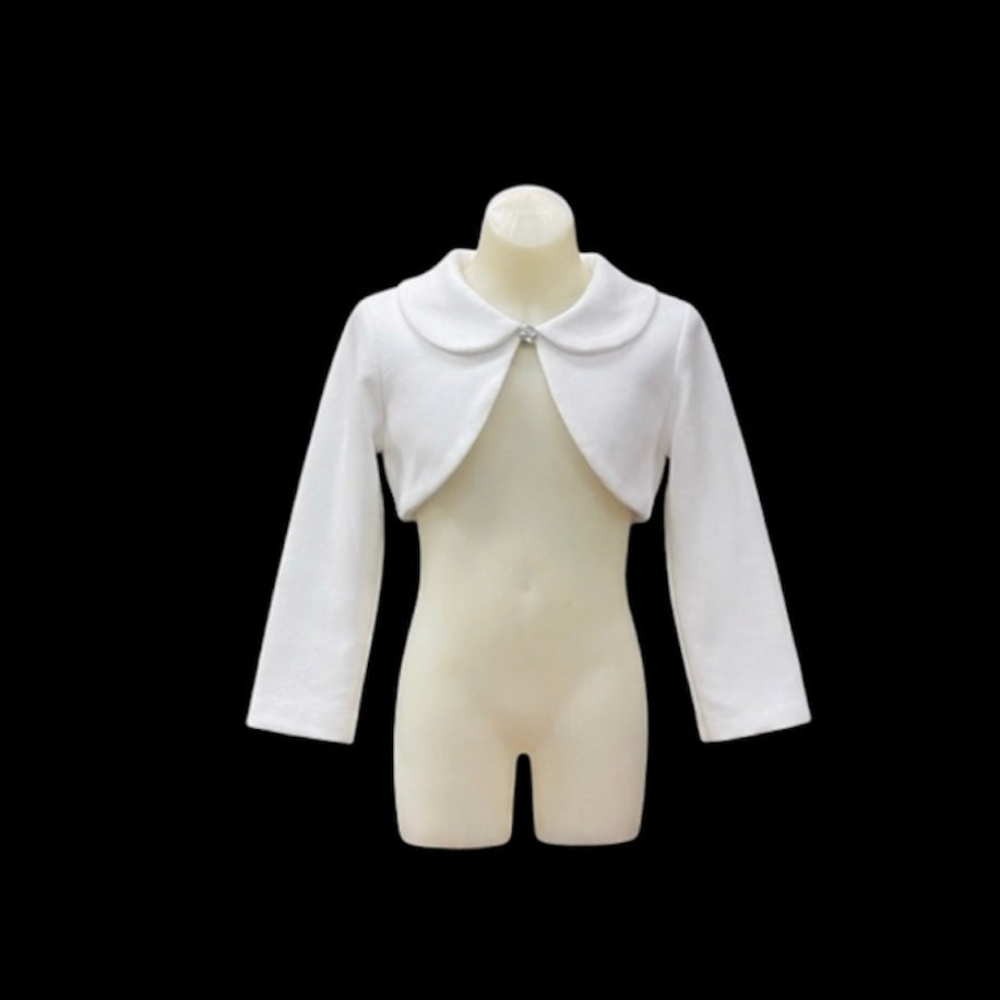 Fancy Kids Long Sleeve White Fleece Bolero w/ Rhinestone Gem