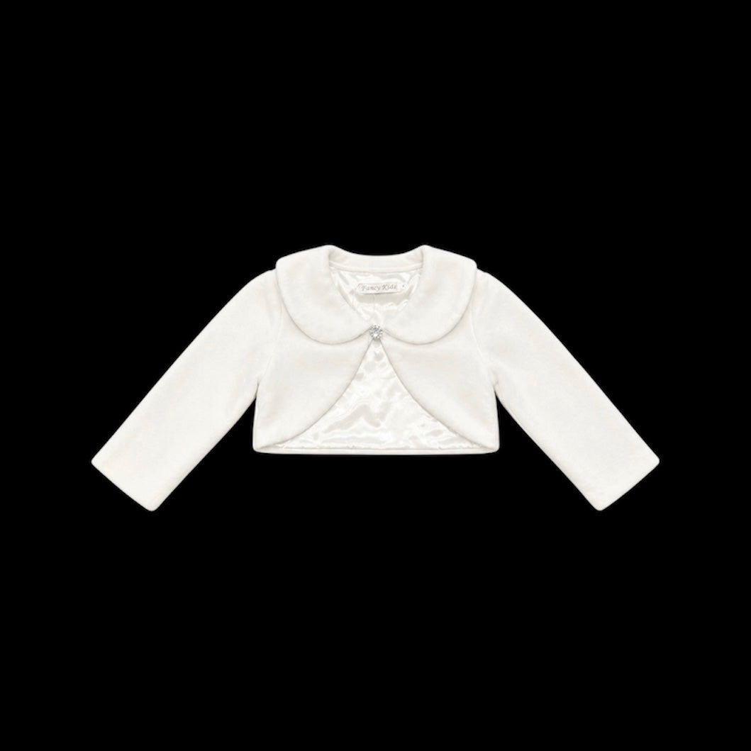 Fancy Kids Long Sleeve Ivory Fleece Bolero w/ Rhinestone Gem