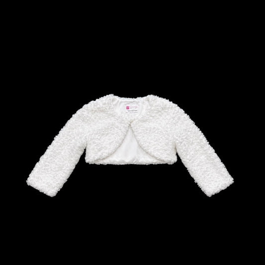 White Faux Fur 3/4 Sleeve Length Bolero w/ Embroidered Roses