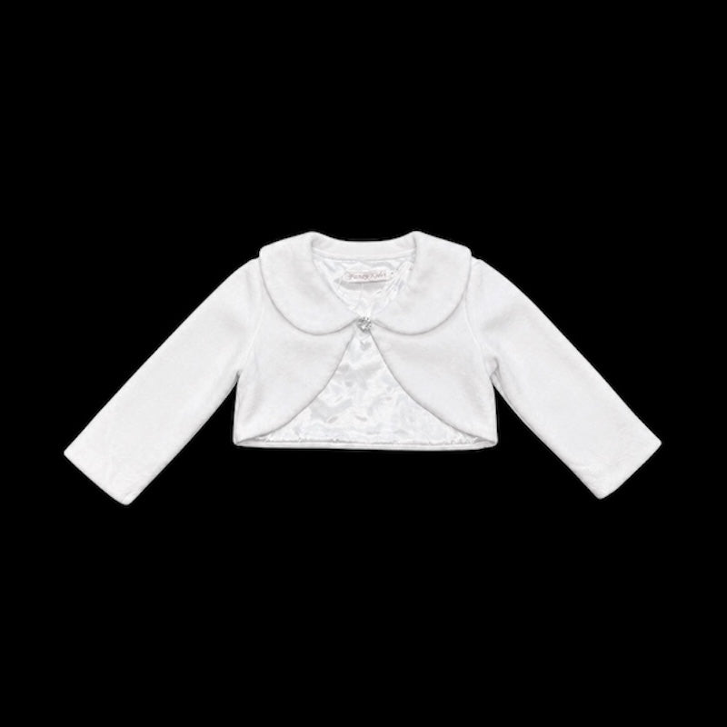 Fancy Kids Long Sleeve White Fleece Bolero w/ Rhinestone Gem