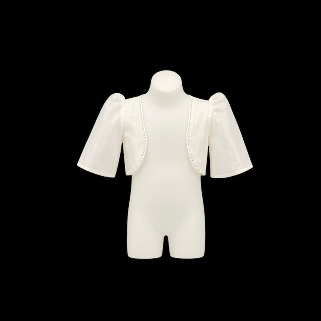 Quarter-Length Puff Sleeve Organza Bolero with Beaded Trim