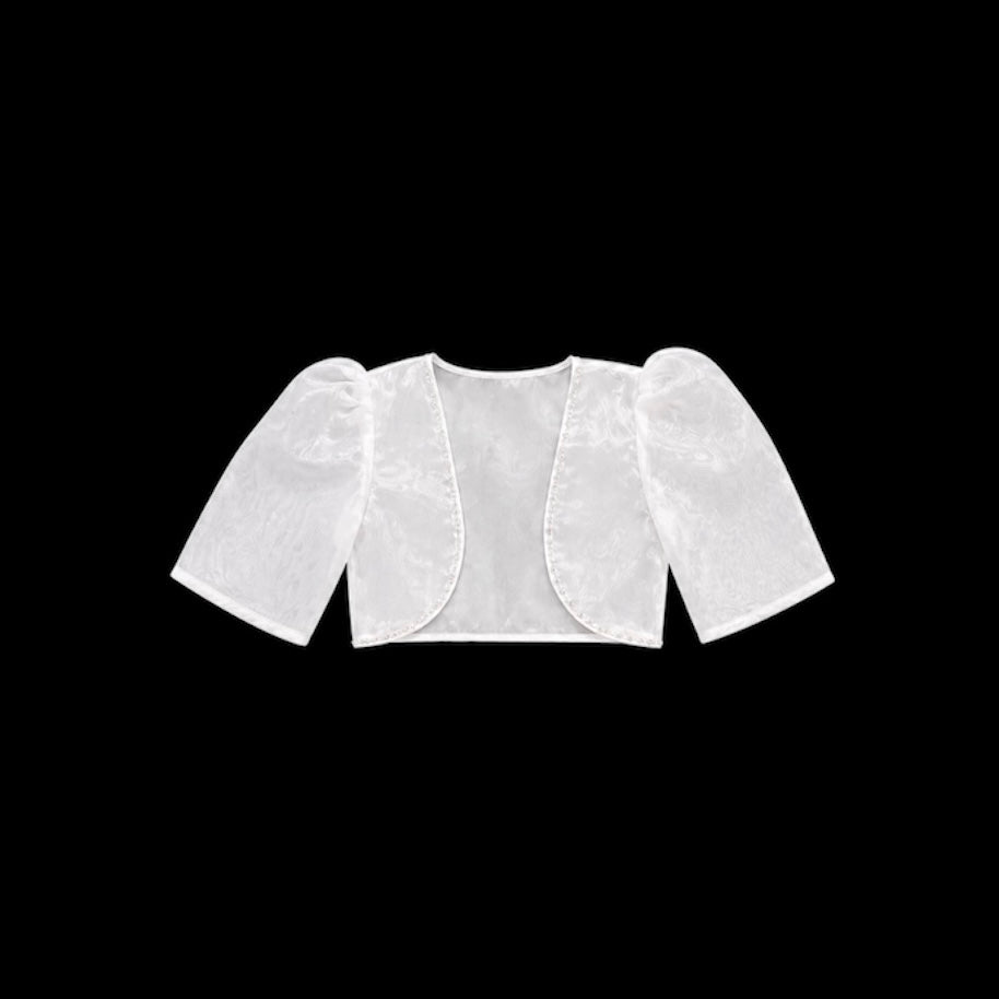 Quarter-Length Puff Sleeve Organza Bolero with Beaded Trim