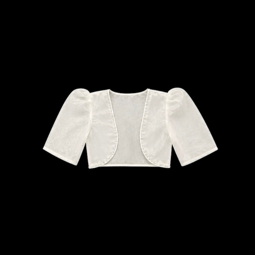 Quarter-Length Puff Sleeve Organza Bolero with Beaded Trim