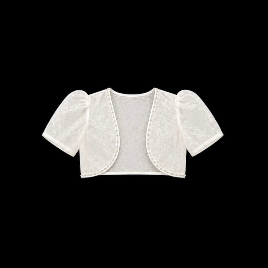 Short Puff Sleeve Organza Bolero with Beaded Trim