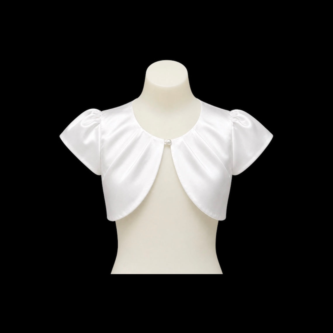 Sweet Kids Satin Short Sleeve White Bolero with Pearl Closure