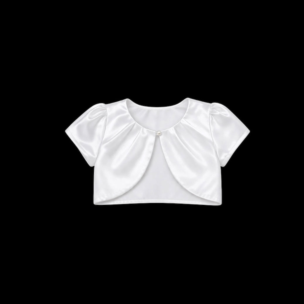Sweet Kids Satin Short Sleeve White Bolero with Pearl Closure