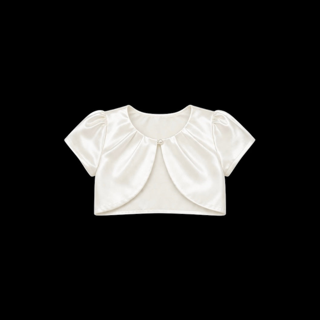 Sweet Kids Satin Short Sleeve Ivory Bolero with Pearl Closure (Size 4)