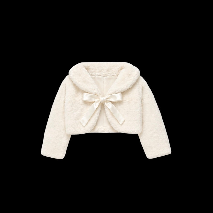 Sweet Kids Luxe Soft Faux Fur Bolero Jacket with Satin Ribbon Tie & Collar