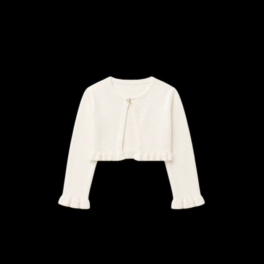Fancy Kids Long Sleeve Bolero Cardigan with Pearl Closure & Ruffle Trim