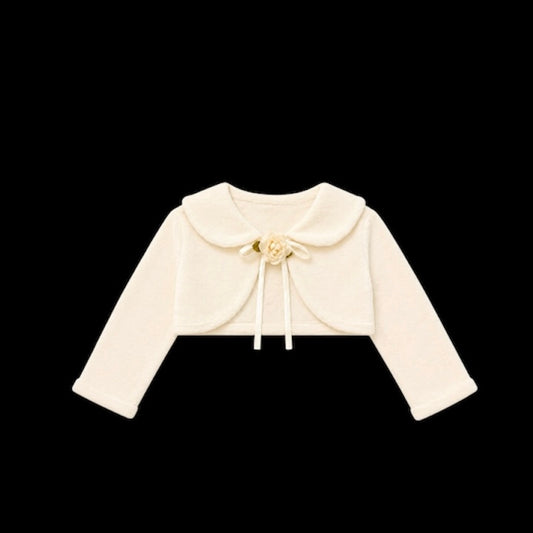 Kids Dream Long Sleeve Ivory Fleece Bolero with Ribbon Tie & Floral Accent