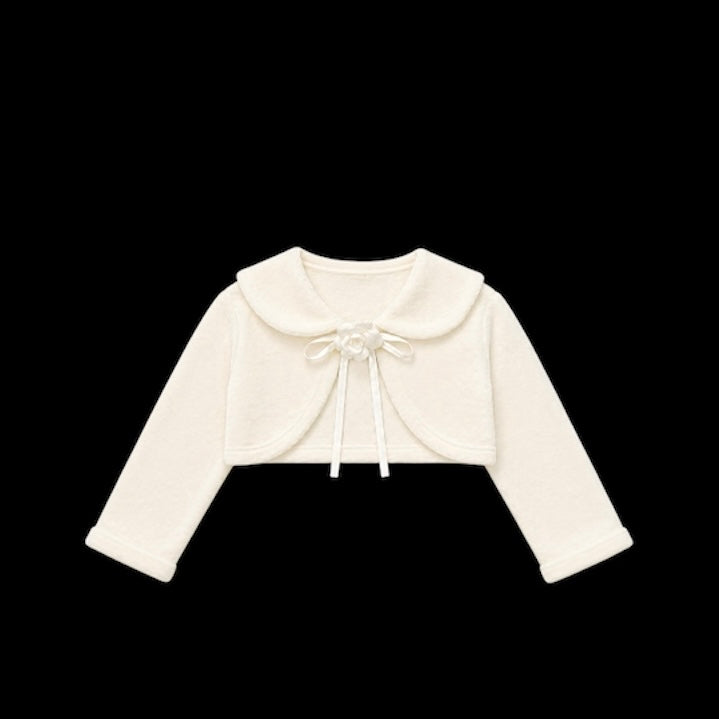 Kids Dream Long Sleeve White Fleece Bolero with Ribbon Tie & Floral Accent