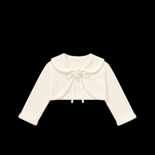 Kids Dream Long Sleeve White Fleece Bolero with Ribbon Tie & Floral Accent