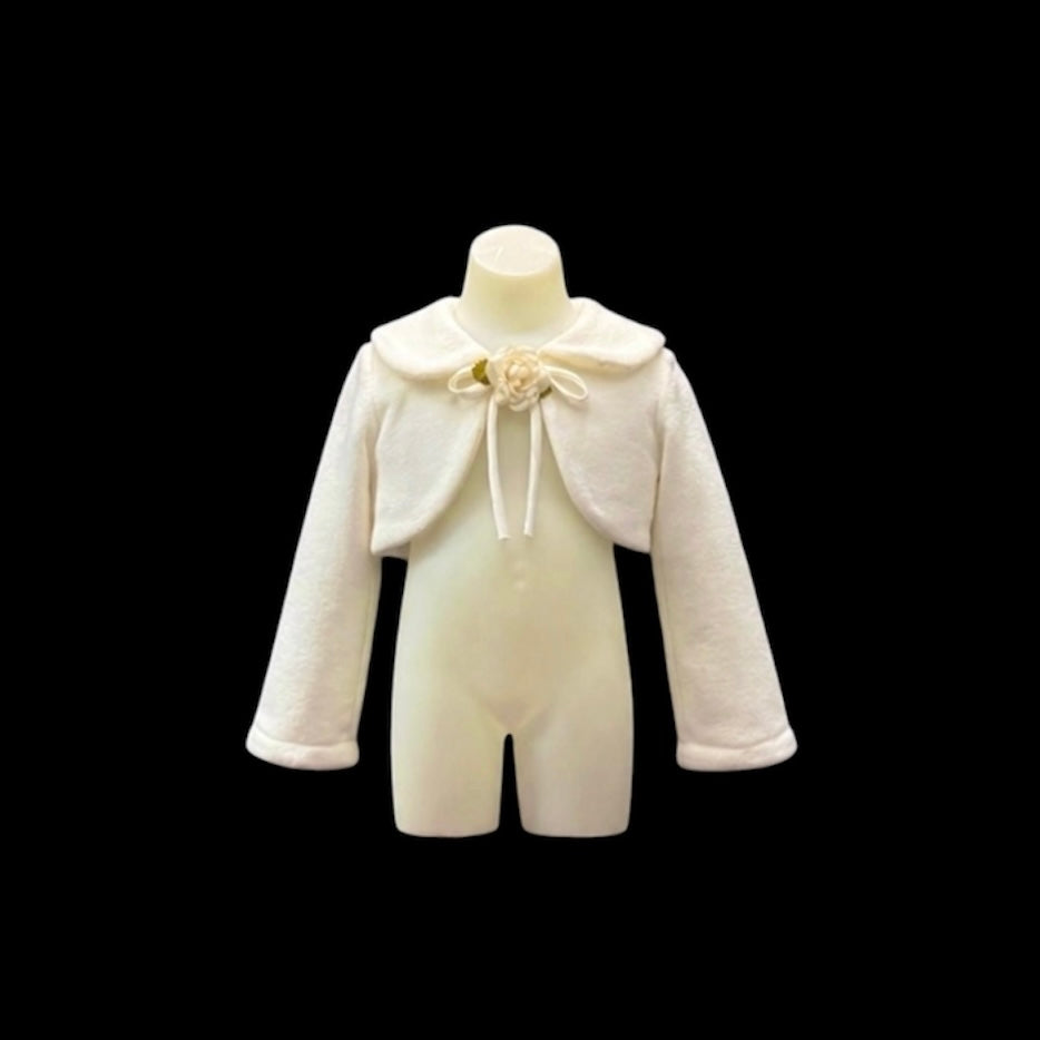 Kids Dream Long Sleeve Ivory Fleece Bolero with Ribbon Tie & Floral Accent