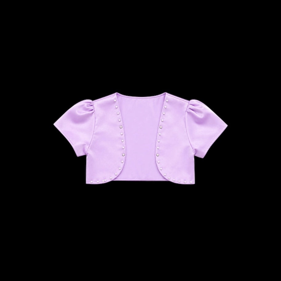 Toddler Lavender Satin Short Sleeve Bolero with Pearl & Rhinestone Trim