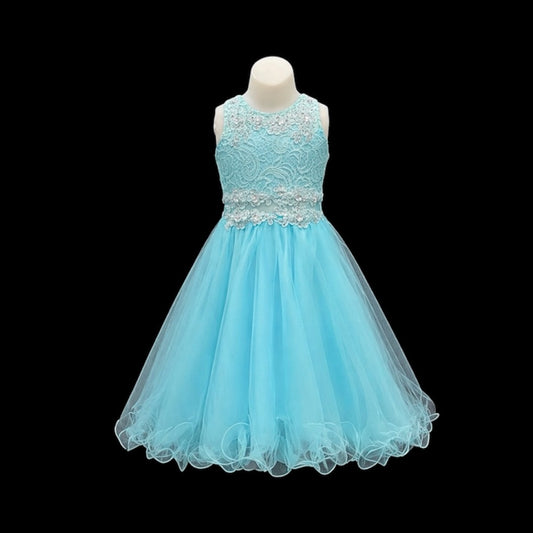 Aqua Lace Embroidered Rhinestone Knee-Length Dress with Shawl