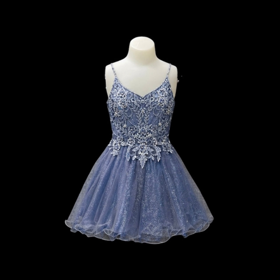 Dusty Blue Lace Appliqué Knee-Length Dress with Lace-Up Back & Matching Shawl