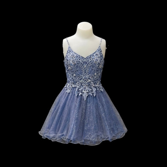 Dusty Blue Lace Appliqué Knee-Length Dress with Lace-Up Back & Matching Shawl