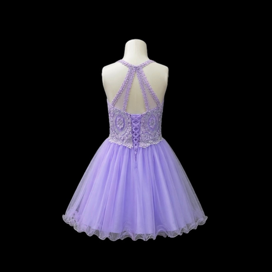 Jr. Grad Lavender Lace Appliqué Halter Knee-Length Dress with Tulle Skirt & Shawl (Large)