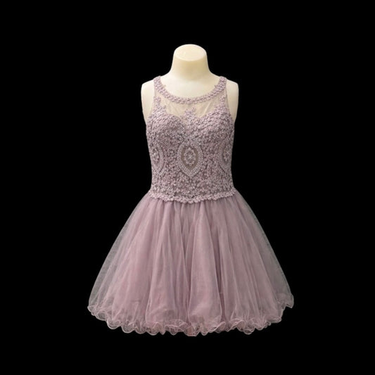 Mauve Lace Appliqué Knee-Length Dress with Lace-Up Back
