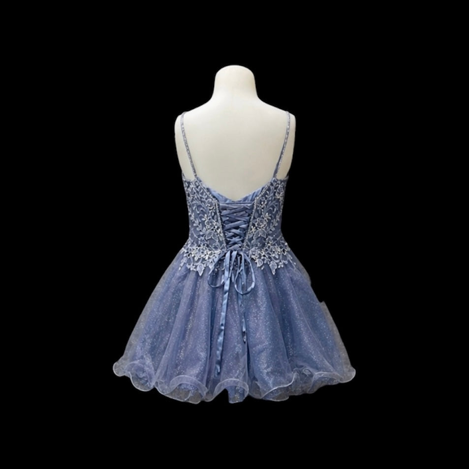 Dusty Blue Lace Appliqué Knee-Length Dress with Lace-Up Back & Matching Shawl
