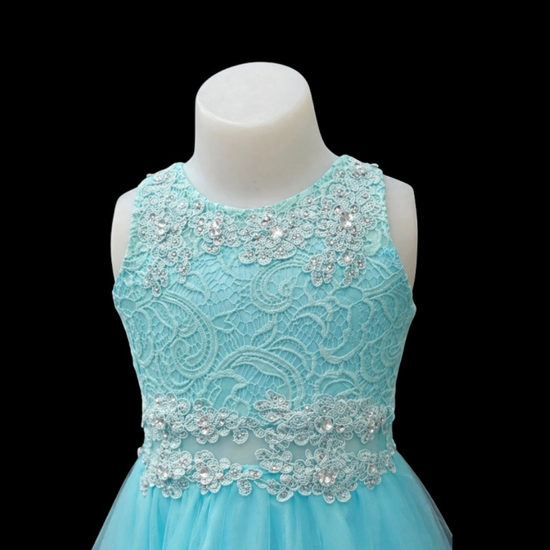 Aqua Lace Embroidered Rhinestone Knee-Length Dress with Shawl