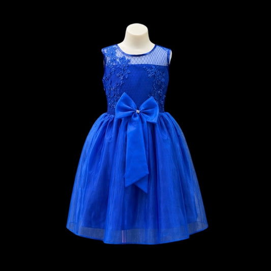 Royal Blue Floral Embroidered Tulle Dress with Sequin & Beaded Bodice and Bow