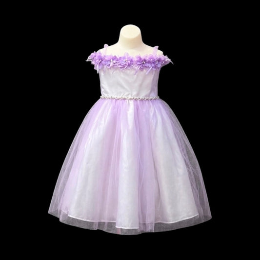 Lilac Off-the-Shoulder Flower Girl Dress with Floral Neckline & Tulle Skirt