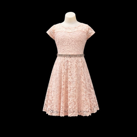 Blush Lace Short Sleeve Knee-Length Dress with Rhinestone Belt (Size 4)