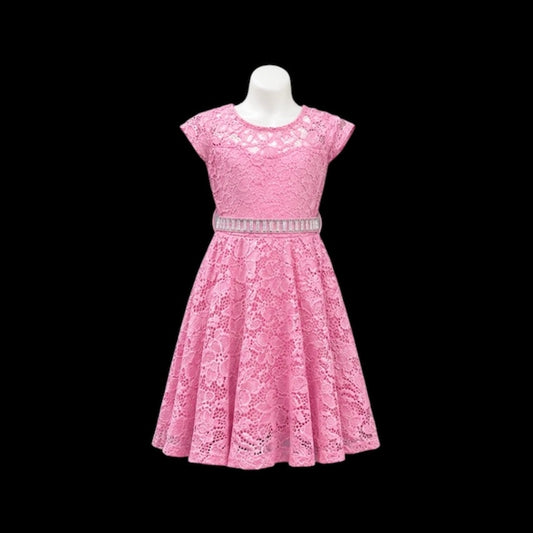 Pink Lace Short Sleeve Knee-Length Dress with Rhinestone Belt (Size 2)
