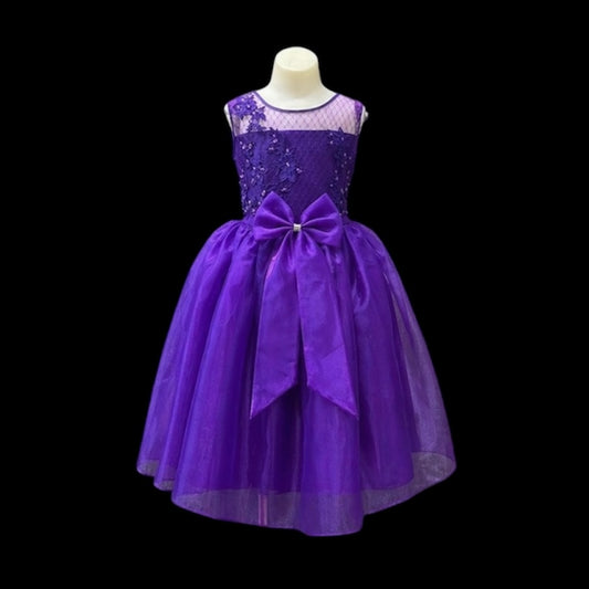 Purple Floral Embroidered Tulle Dress with Sequin & Beaded Bodice and Bow