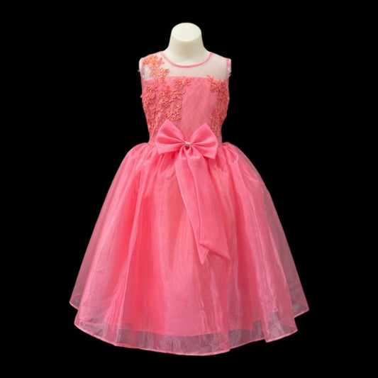 Coral Floral Embroidered Tulle Dress with Sequin & Beaded Bodice and Bow