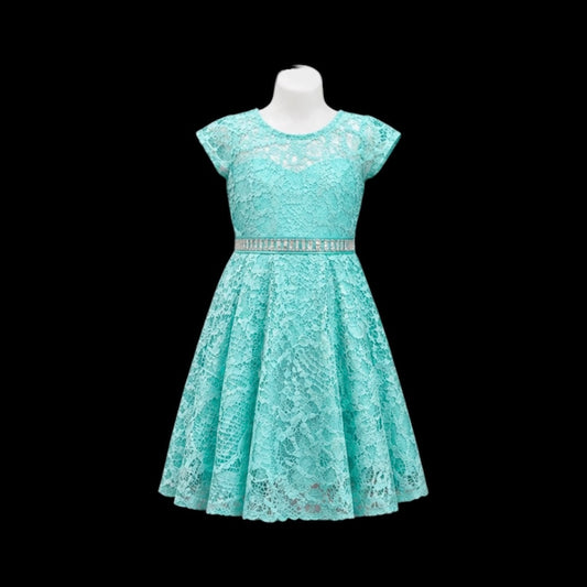 Mint Lace Short Sleeve Knee-Length Dress with Rhinestone Belt