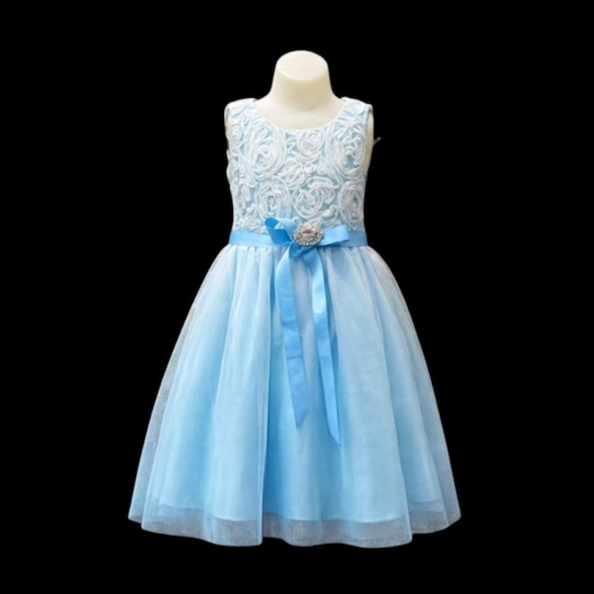 Sky Blue Tea-Length Girls Dress with Rosette Lace Bodice & Tulle Skirt (Size 2)