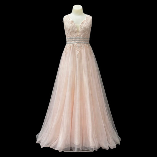Dusty Pink Embroidered Illusion Bodice Tulle Gown with Triple Rhinestone Waist Detail
